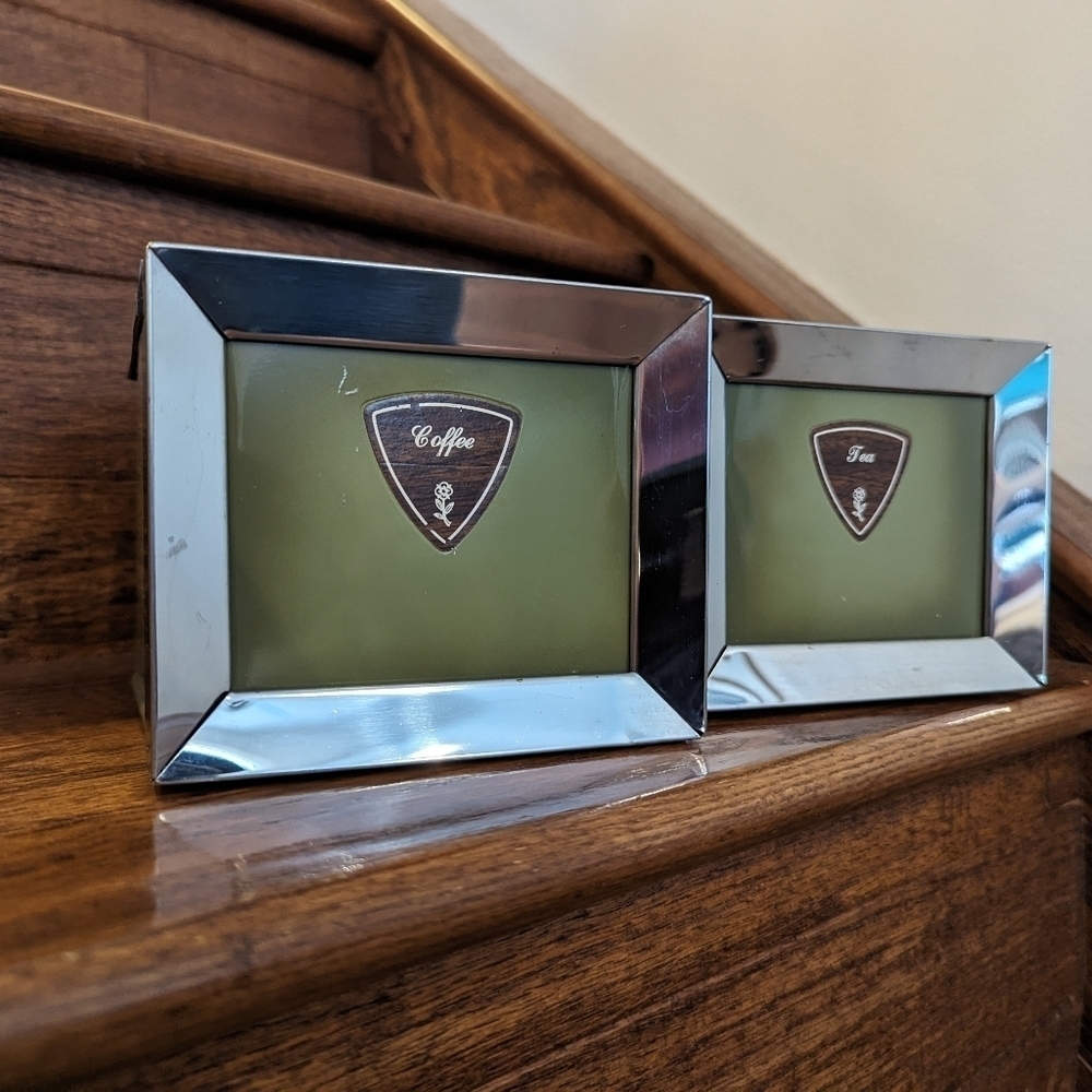 Vintage Lady Garner Avocado Green MCM Chrome tea & coffee Canisters